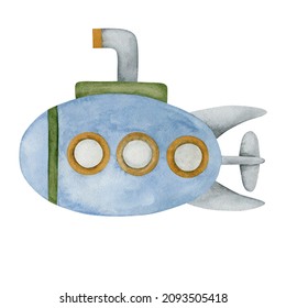 Cute Watercolor Illustration Of A Submarine Isolated On White Background.