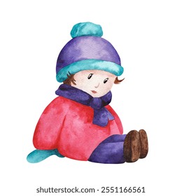 Cute watercolor illustration of winter outdoor activities. Funny girl. Smiling character. Baby girl. Hand drawn illustration. Christmas card. - Powered by Shutterstock