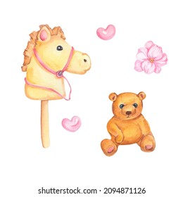 Cute Watercolor Kids Illustration With Toys. Childhood Set With Hand Drawn Elements. Toy Horse And Teddy Bear Illustration. Warm Watercolor Painting.Baby Nursery Illustration. Family Time