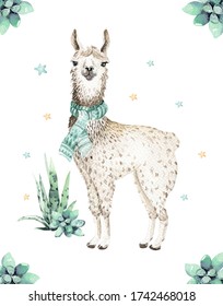 Cute watercolor llama, alpaca illustration isolated on white. Llama print with ethnic blanket, flowers wreath, floral bouquet and boho mexican decoration