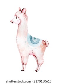 Cute watercolor llama, alpaca illustration isolated on white. Llama print with ethnic blanket, flowers wreath, floral bouquet and boho mexican decoration