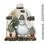 Cute watercolor merry christmas snowman with christmas tree spruces cones in a snow globe snowflakes falling nursery hand drawn drawing