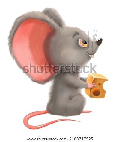 Cute watercolor mouse rat with a madam cheese slice hand drawn childish nursery cartoon clipart isolated on white background.