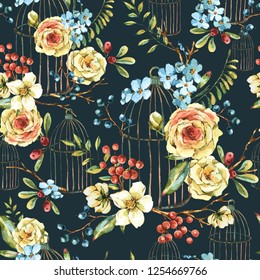 Cute watercolor natural floral seamless pattern with white rose, wildflowers, berries, leaves and cage, botanical vintage texture on black background