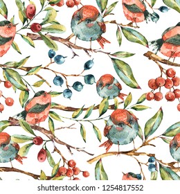Color de agua suave natural floral con pájaros, ramitas de árbol, bayas y hojas, ilustración vintada sobre fondo blanco