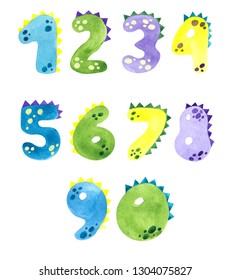 Cute Watercolor Numbers In Dinosaur Style