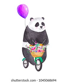 Cute Watercolor Panda Riding Bicycle