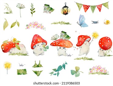 Cute Watercolor Red Mushrooms Isolated On White Background. Fantasy Cartoon Style Magic Fly Agaric Mushroom Illustration