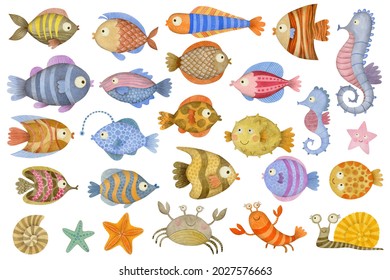 Cute Watercolor Set Of Cartoon Underwater Ocean Sea Animals, Fish.