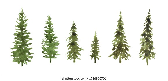 Cute watercolor set of green pine trees for Christmas and New Year decoration. Tree silhouettes illustrations isolated on white background. Can be used for design textile, print, wallpaper.