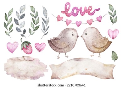 Cute watercolor set with illustrations for Valentine's Day. Beautiful digital set with birds, banner, background, foliage, hearts - Powered by Shutterstock