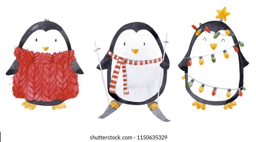 Cute watercolor set of penguin cute illustration, piggy in a red scarf, garland, a set of isolated illustrations, a penguin with skis
