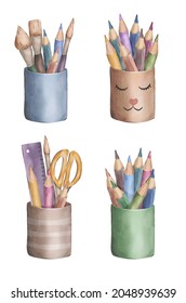 Cute watercolor set and school supplies  Pencil holder and colour pencils  painting brushes  ruler   scissors