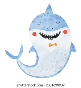 Cute Watercolor Shark. Baby Shark Illustration For Kids. Baby Shower Clipart. Watercolor Background. Isolated.