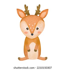 Cute Watercolor Sitting Baby Deer, Watercolor Bambi Cartoon, Baby Nursery Deer, Baby Animal, Clip Art, Isolated