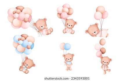 Cute watercolor teddy bear and balloons   
