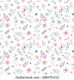 Cute Watercolor Unicorn Seamless Pattern With Flowers. Nursery Magical Unicorn Patterns. Princess Rainbow Texture. Trendy Pink Cartoon Pony Horse.