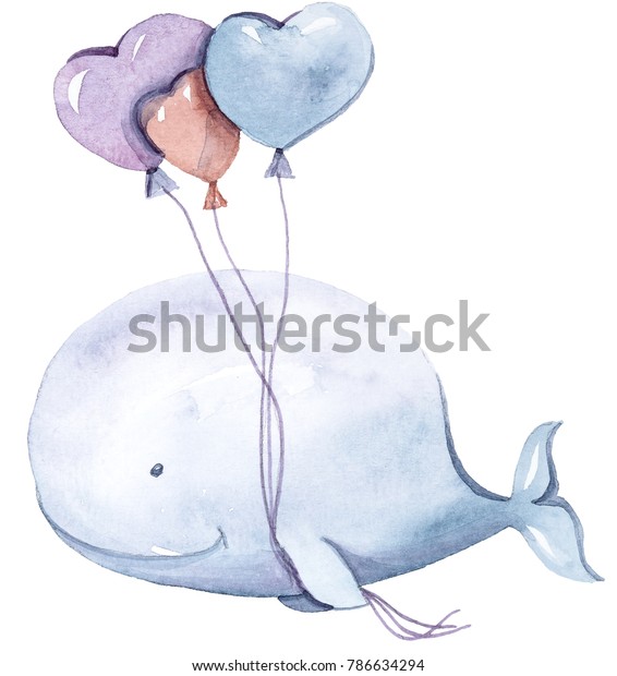 Cute Watercolor Whale Balloons Illustration On Stock Illustration 786634294