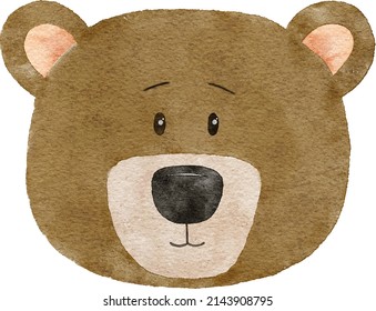 Cute Watercolor Woodland Animal Teddy Bear Face Clipart On A White Background, With A Work Path Included