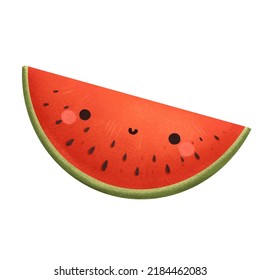 Cute Watermelon, Kawaii Fruit Clipart, Isolated On White Background, Suitable For Prints, Stickers, Patterns, Postcards, Website Elements