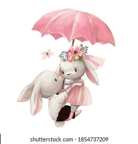 cute wedding couple of hares fly with umbrella