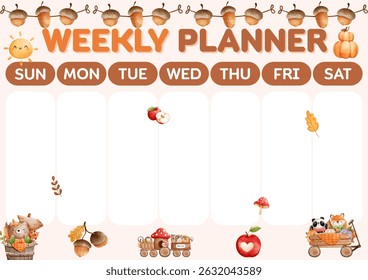 Cute weekly planner with fall background, watercolor style. fall illustration for stationary, schedule, list, school timetable, extracurricular.