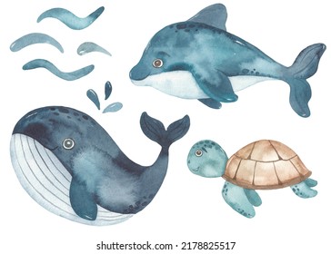 Cute Whale, Dolphin, Sea Turtle Watercolor Baby Clipart