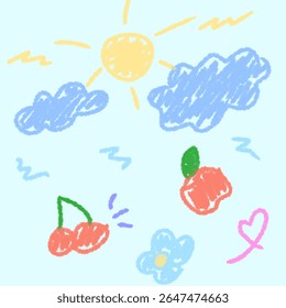 A cute and whimsical seamless pattern featuring hand-drawn style doodles of a yellow sun, blue clouds, red cherries, an apple, and a light blue flower on a light background. Perfect for child.