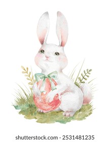 Cute white Easter bunny with red painted egg on green lawn. Hand drawn watercolor illustration isolated on white background. Clipart for holiday design. Element of big festive children's collection