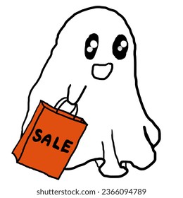Cute white ghost cartoon holding orange shopping bag isolated background png  Halloween Happy Sale clip art illustration
