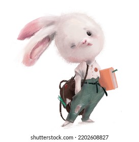 Cute White Hare Character With Book