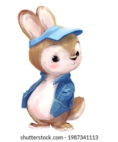 cute white hare character standing with pink jacket