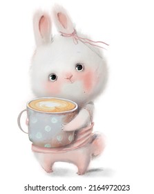 Cute White Hare With Coffee Cup