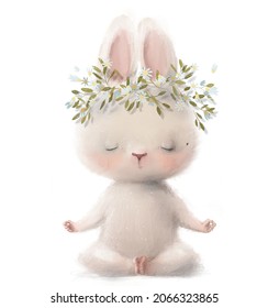 cute white hare girl character with floral wreath