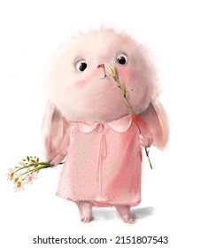 cute white hare with pink dress and flowers