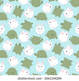 Cute White Hare And Tortoise. Seamless Pattern