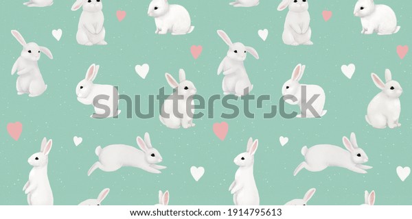 Cute white rabbits and bunnies. Delicate\
children\'s print. Funny characters. Pattern for children\'s fabrics,\
clothes, bedding, goods,\
wallpaper