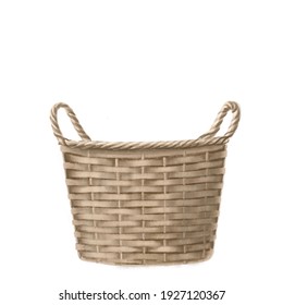 Cute Wicker Basket For Pet Or Flowers, Clipart, Hand Drawn Illustration For Card Decor, Wedding, Easter And Pet Theme