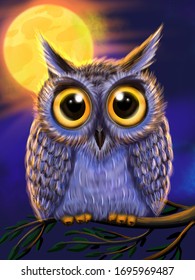 Cute wild owl sitting on branch in the moonlights. Halloween bird in the night. Wildlife fauna and zoology symbol