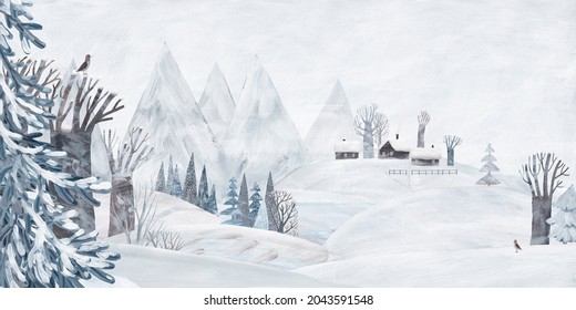 Cute winter landscape  Winter landscape and frozen lake  cute village   snow  capped mountains   Drawing for background  pattern banner  Gouache illustration 