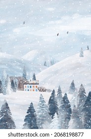 Cute winter landscape. Hills, trees, cute house covered with snow. Gouache illustration. Norway. Hotel in the mountains.