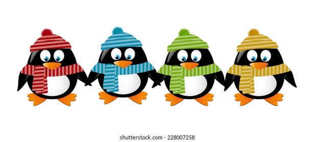 Cute Winter Penguins Holding Hands