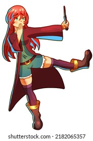 Cute Witch Girl Drawn In Cartoon Anime Style Embarrassedly Covers Her Mouth With Her Hand While Standing On One Leg, She Has Bright Red Hair, Purple Robe, Holding A Wand