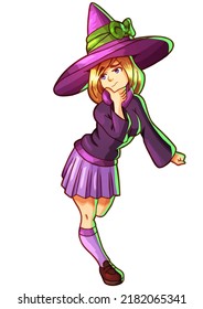 A Cute Witch Girl Stands On One Leg With A Thoughtful Look On Her Big Purple Hat With A Green Ribbon And A Bow, She Has Blond Hair, Cartoon Illustration