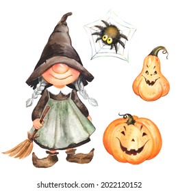 Cute witch and pumpkins for Halloween holiday card  Halloween pumpkins  cartoon witch watercolor drawing 