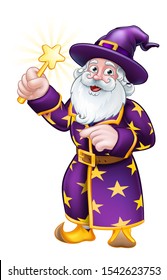 A Cute Wizard Cartoon Character Holding A Magic Wand And Pointing