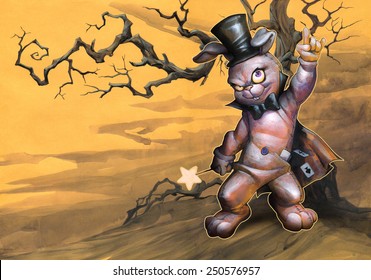 Cute wizard rabbit and stitches its body wearing wizard outfit   carrying magic stick the background and old scary crooked tree