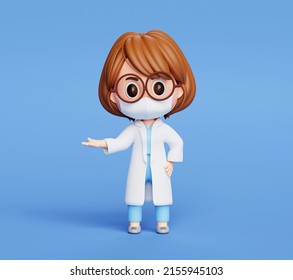 Cute Woman Doctor Cartoon Character Presentation Copy Space Healthcare And Medical Banner Concept 3d Illustration Cartoon