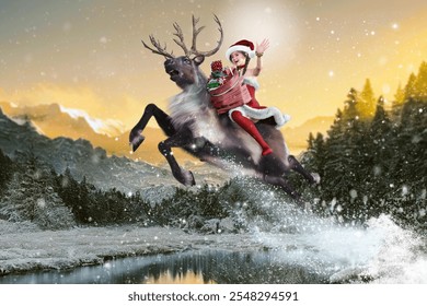 A cute woman wearing Santa costumes runs in the sky on a reindeer.3D illustration,3D rendering  - Powered by Shutterstock