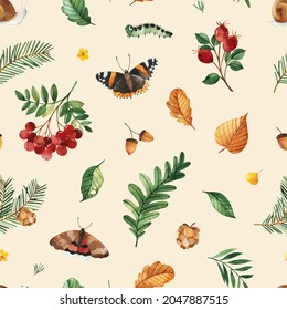 Cute Woodland collection.Watercolor seamless pattern with autumn leaves,branches,butterfly,snail,caterpillar,acorns,berries. Perfect for prints, 
wallpapers,room decor,template design,books,textile.